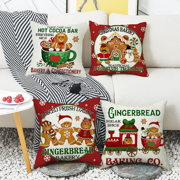 4-pack Jul Kuddfodral 45x45cm Pepparkaksgubbe Fyrkantigt Örngott Soffkudde Skydd Heminredning