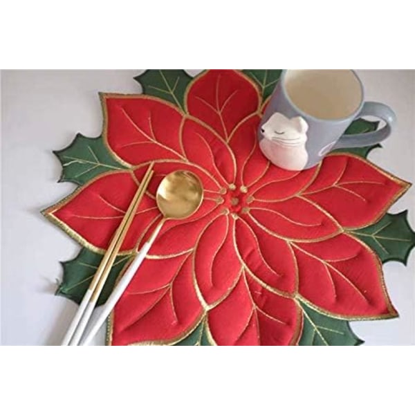 Set med 4 bordsunderlägg, röd julstjärneapplikation med grönt