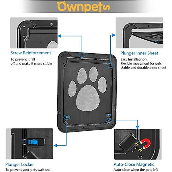 Ownpets hundedør, indvendig dørklap 24cmB*29cmH, aflåselig kæledyrsdør, magnetisk selvlukkende skærmdør med låsefunktion, robust skærm