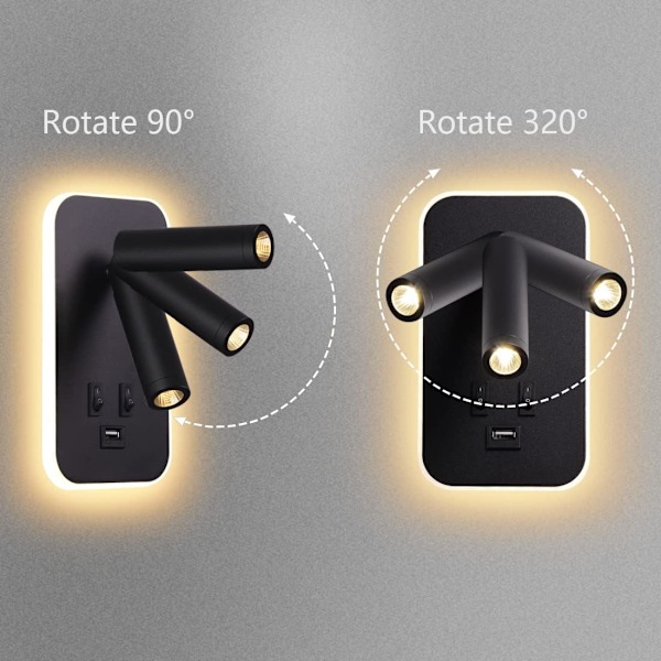 LED Væglampe, Sengelampe med kontakt, USB-ladeport, Stemningsbelysning til soveværelse Justerbar Spotlight Sort