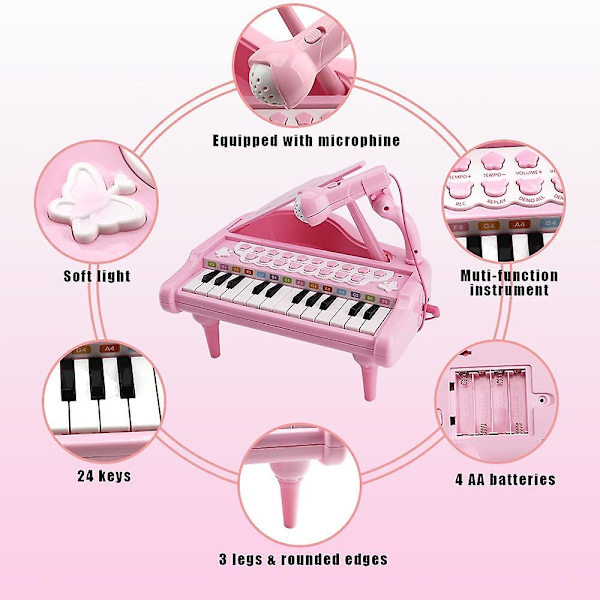Dww-Piano för barn flicka 1 2 3 år, rosa leksakspiano för bebis med mikrofon - 31 rosa tangenter