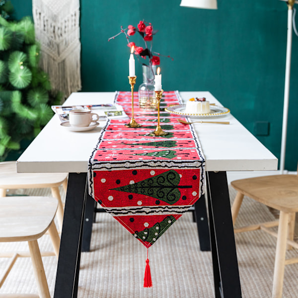 Bordløper i bomullslin, jul, 33 x 183 cm, lang, rødrutet bøffelrute, juletre, elg, sklisikker rektangulær