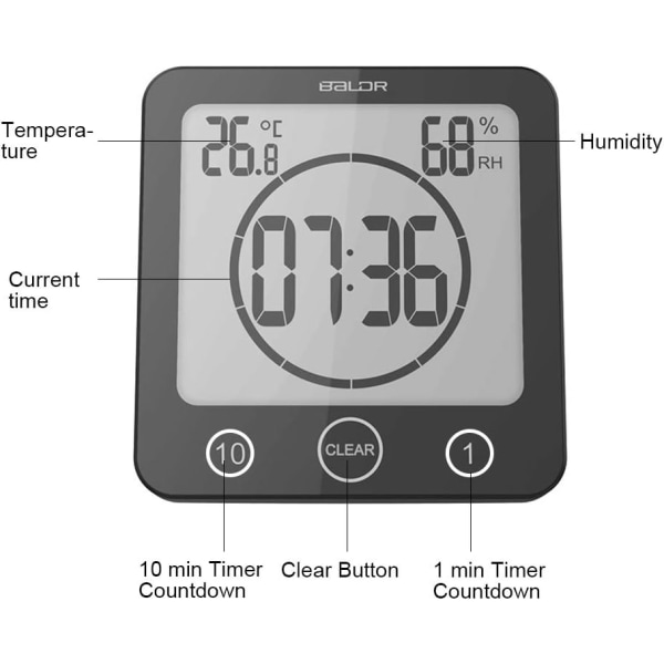 Badeværelsesur, Vandtæt Touch Control Brusebadsur, LCD Digital