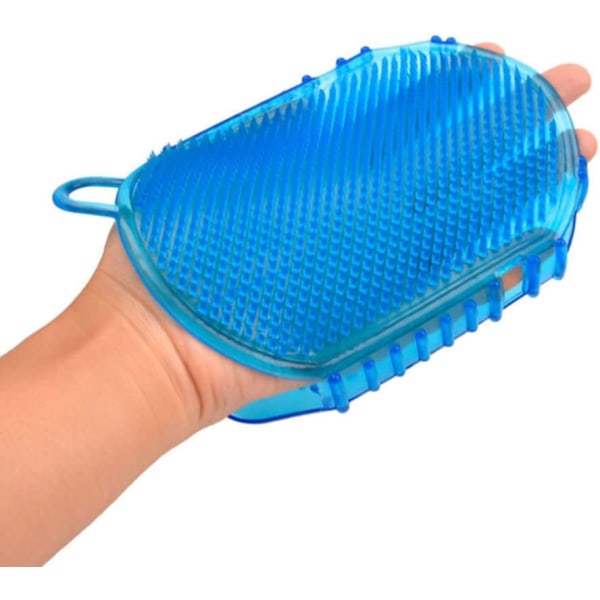 En blå silikonmassagehandske, slät, slimmad, mot cellulit