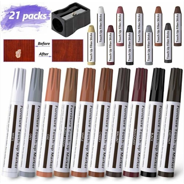 21-pack Möbelretuschpennor, Multifunktionella Filttippmarkörer, Möbelreparationskit för Fläckar, Repor, Hårdträ