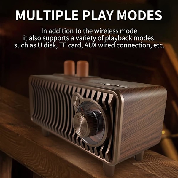 Retro Bluetooth Radio, Valnøttre, med Retro FM-radio, 20W Bærbar Høyttaler med USB Disk/TF Kort/AUX Musikkavspiller
