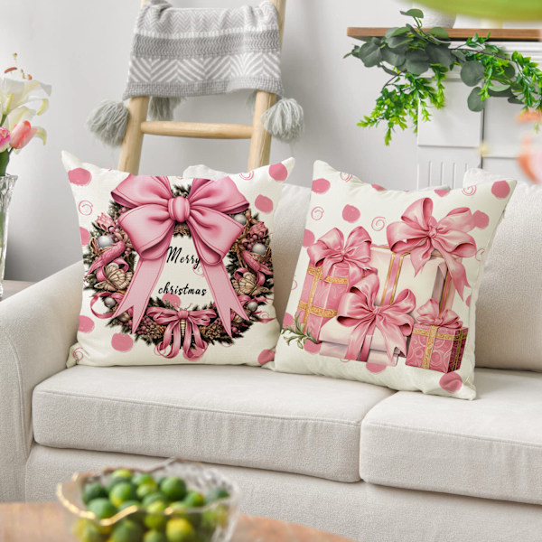 Set med 4 Julkuddfodral, Rosa Gåva, Trädgårdsdekoration, God Jul Bomull Linne Kuddfodral, 45 x 45 cm