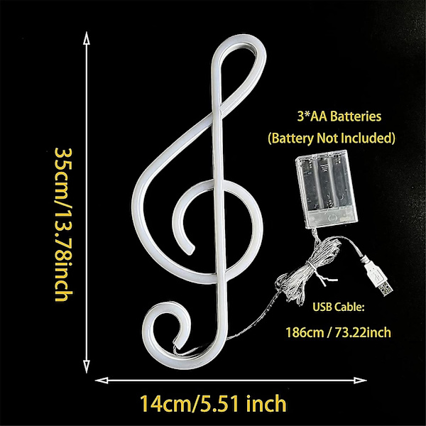 Musiikkisymboli LED-neonvalo - paristo- ja USB-käyttöinen - neonseinävalo tyttöjen huoneeseen, musiikkisymboli, konsertti, baari, juhlakoriste (pinkki)