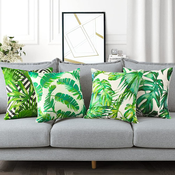 Set med 4 (45 x 45 cm - Tropiska Växter 01) Gröna Tropiska Växter Mönster Vattentäta Utomhuskuddöverdrag för Soffa