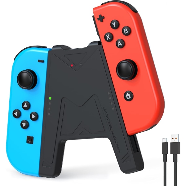 Switch Joy-Con laddningsgrepp med 1200mAh batteri - Bärbar laddningslösning kompatibel med Nintendo Switch Controller JoyCons, 1M USB-C laddningskabel, Svart