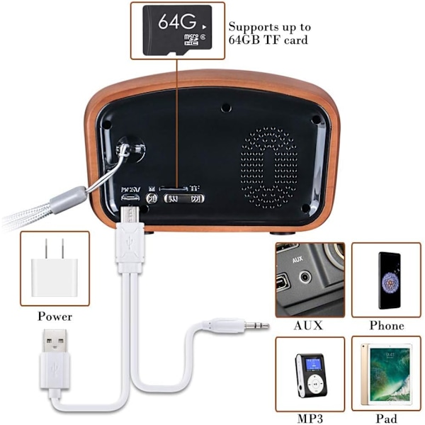 Kannettava radio Bluetooth-kaiutin, käsintehty retro puinen Bluetooth 4.2 mini kaiutin subwooferilla ja audio sisääntulolla Ja