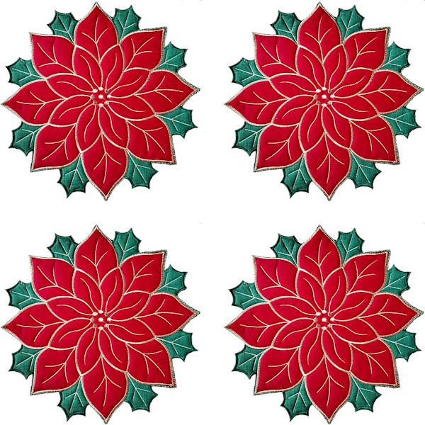 Set med 4 bordsunderlägg, röd julstjärneapplikation med grönt