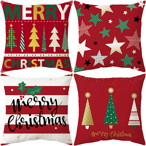 Jul Kuddfodral Set om 4 (45 x 45 cm, Stjärnor och Julgran) Jul Renmönster Heminredning Prydnadskudde
