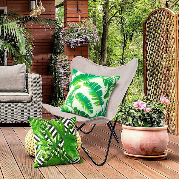 Set med 4 (45 x 45 cm - Tropiska Växter 01) Gröna Tropiska Växter Mönster Vattentäta Utomhuskuddöverdrag för Soffa