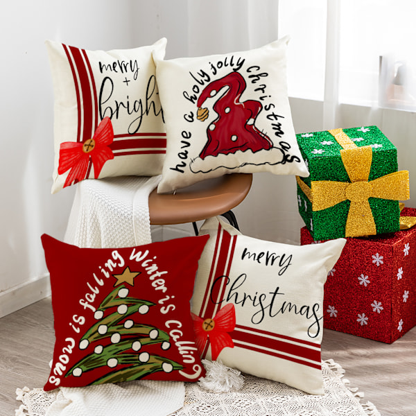 Set med 4 Julkuddfodral, Julgran, Trädgårdsdekoration, God Jul Bomull Linne Kuddfodral, 45 x 4