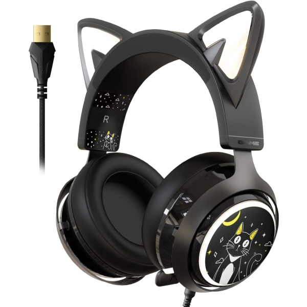 Kattöron-headset, USB-spelheadset med infällbar mikrofon, 7.1 Su