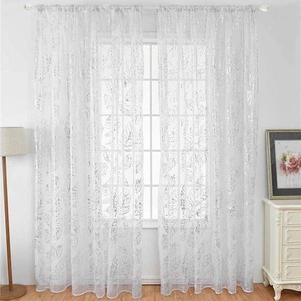 Stykker Hvite Voile Dørgardiner (Sølv-100*200cm) Stue Soverom Kafé Gull og Sølv Fjær Myggnett
