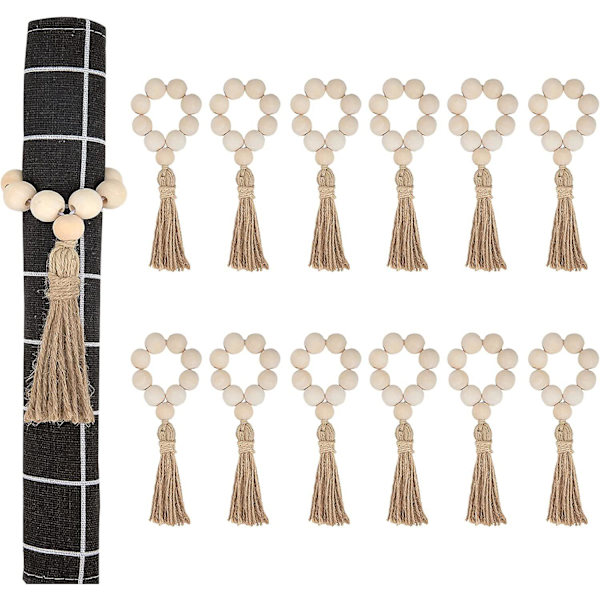 Servettringar Set om 12, Handgjorda Gårdshus Trä Pärlformade Servettringar med Rep Tassel Bordsdekoration för Matbord Dukning, Fest, Bröllop, Familj G