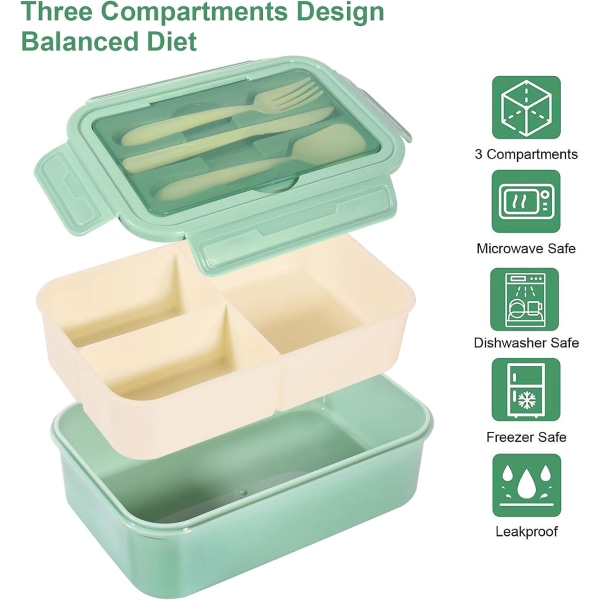 Bento lunch box, container with 3 compartments, cutlery,