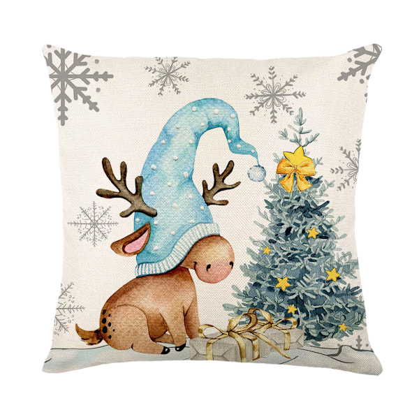 Set med 4 Julkuddfodral, Blå och Beige, Trädgårdsdekoration, God Jul Bomull Linne Kuddfodral, 45 x 45