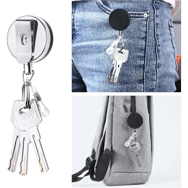 2 STK. Udtrækkelig Nøglering (Sort), Badge Reel Holder, Kraftig Badge Reel Nøglering med Stål Reel Kæde og Krog,