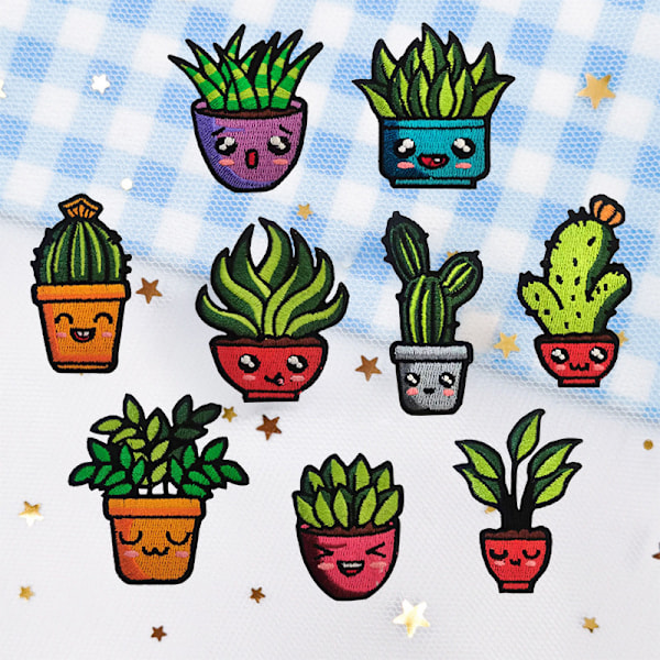 9 stryge-på broderede mærker med søde potteplante designs til