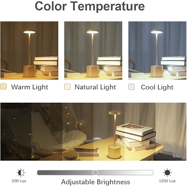 Gull, Oppladbar Trådløs Bordlampe, 3600mAh LED Skrivebordslampe Metalldesign USB-Lading, 3 Fargemoduser, for Nattbord