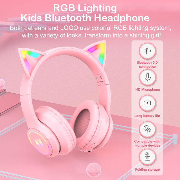 Bluetooth-kattöronhörlurar för barn, trådlöst och trådbundet läge, hopfällbara headset med mikrofon, RGB LED-ljus, för flickor, skolgaming, kompatibla med mobiltelefoner, PC, surfplatta