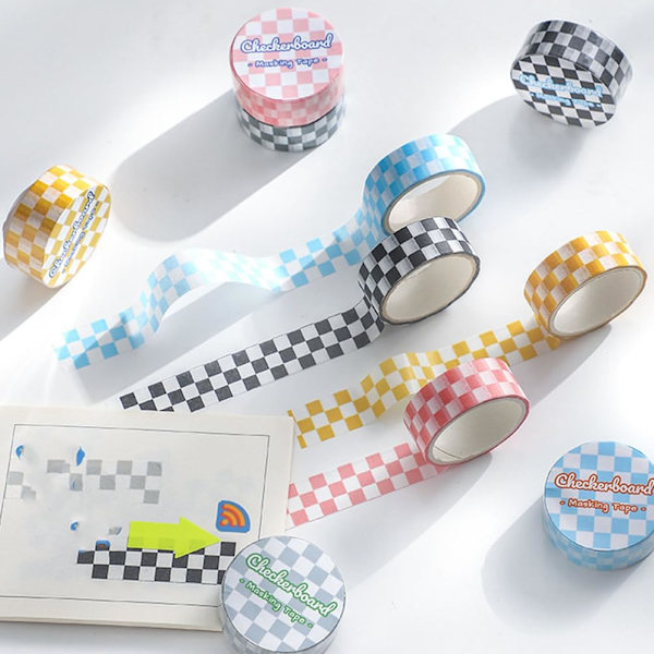 6 rullar självhäftande hoppreptejp med färgad schackrutig design