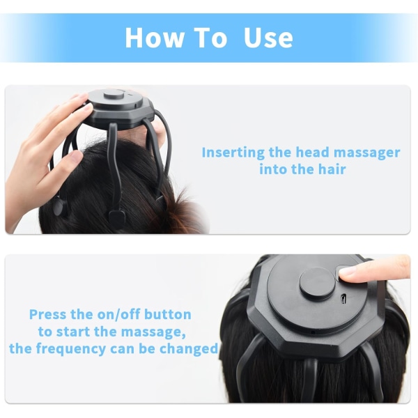 1 svart massageapparat för hårbotten med vibrerande kontakter, uppladdningsbar