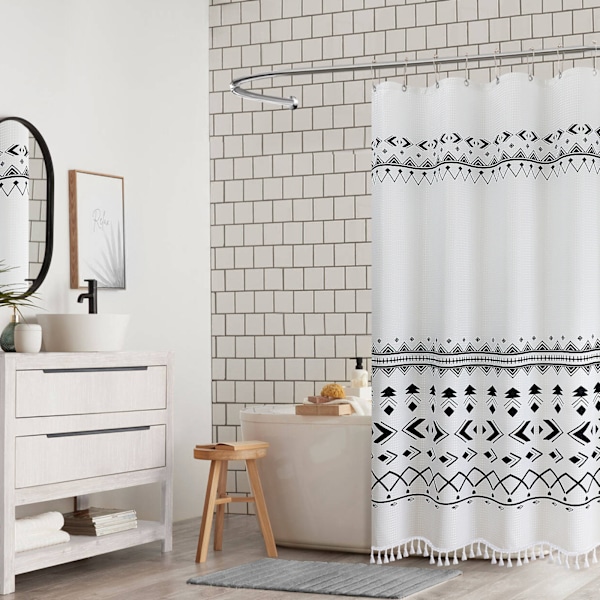 Bruseforhæng 180 x 180 cm Hvidt boheme bruseforhæng Vandtæt trykt polyester bruseforhæng
