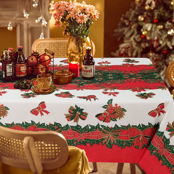 Julbordsduk Rektangulär - 152x178 cm Holly Ribbon Mönster Skrynkelfri Tvättbar Julbordsduk för