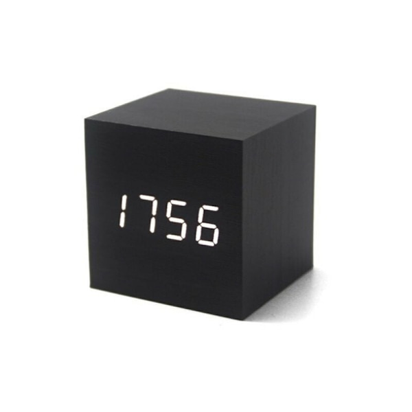 (sort, 6x6x6cm) LED Digital Vækkeur, Træ Cube Ur, Træ Bordur, Træ Vækkeur, Stemmestyret Cube