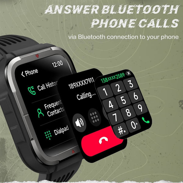 Smartklokke for menn med Alexa og Bluetooth-anrop, 1,8'' Sport Smartwatch Militaire med 100 Sports, Skritteller og Pulsmåler, Vanntett IP68 for Svømming, Kompatibel med Android iOS