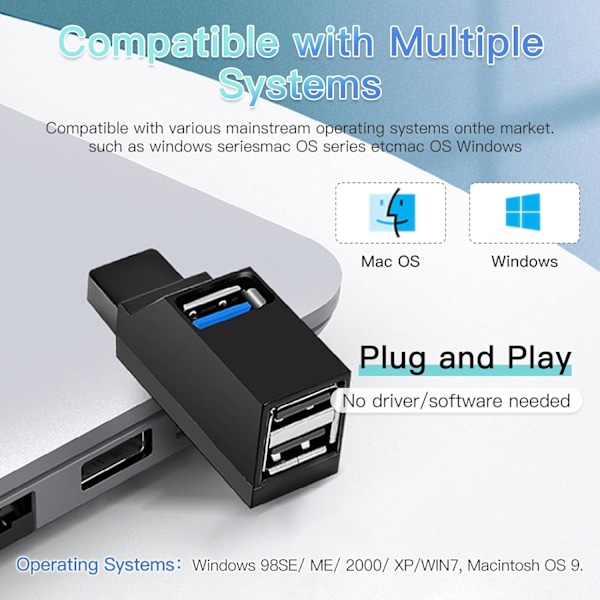 USB Hub, 3 Port Høj USB 3.0 Hastigheds Splitter Plug and Play Bus Drevet til MacBook, Mac Pro/Mini, iMac, Surface Pro, XP