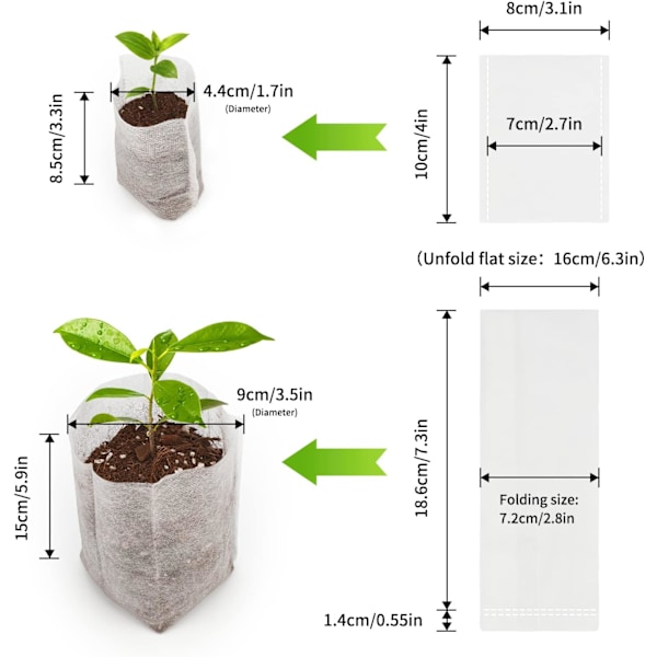 200 biologisk nedbrytbare fiberdukposer (16 x 20 cm + 8 x 10 cm) for dyrking av plantefrøplanter.