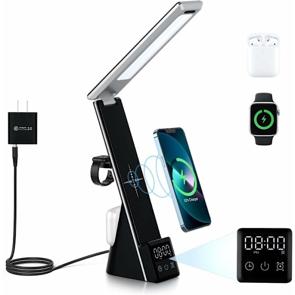 LED Skrivebordslampe med Trådløs Lader 3-i-1 Hurtigladestasjon, Berøringskontroll Skrivebordslampe med Timer