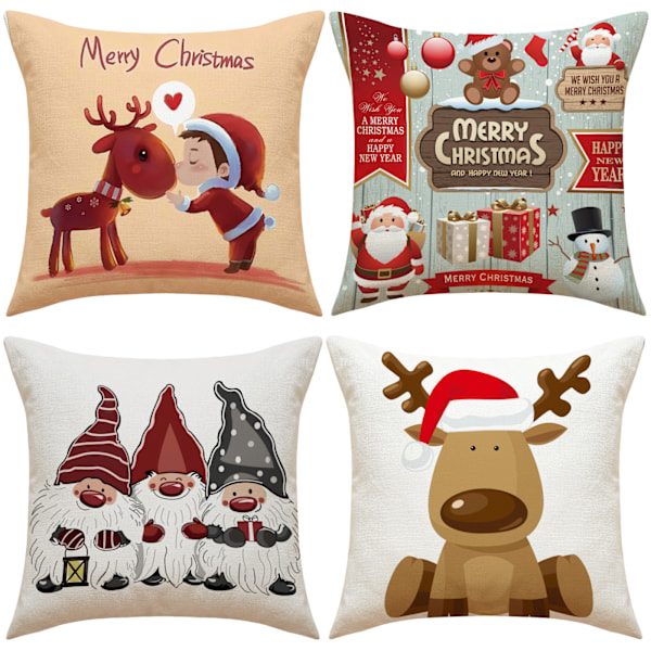 Set med 4 Julkuddfodral, Jultomte, Trädgårdsdekoration, God Jul Bomull Linne Kuddfodral, 45 x 45 cm