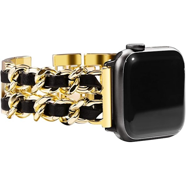 Guld Svart Läder Guldkedja, Dubbelradigt Metallarmband för Kvinnor