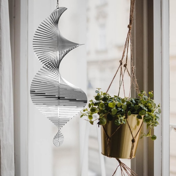 1 silver spiral oval wind chime, garden decoration, 360 degree