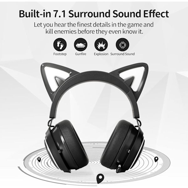 Kattøre-headset, USB-spillheadset med inntrekkbar mikrofon, 7.1 Su