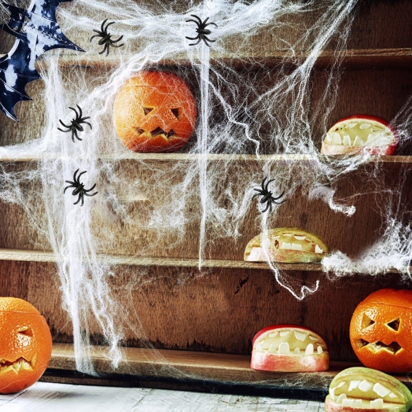 Stretchy Halloween spindelväv, Spooky Spider Webbing för inomhus och