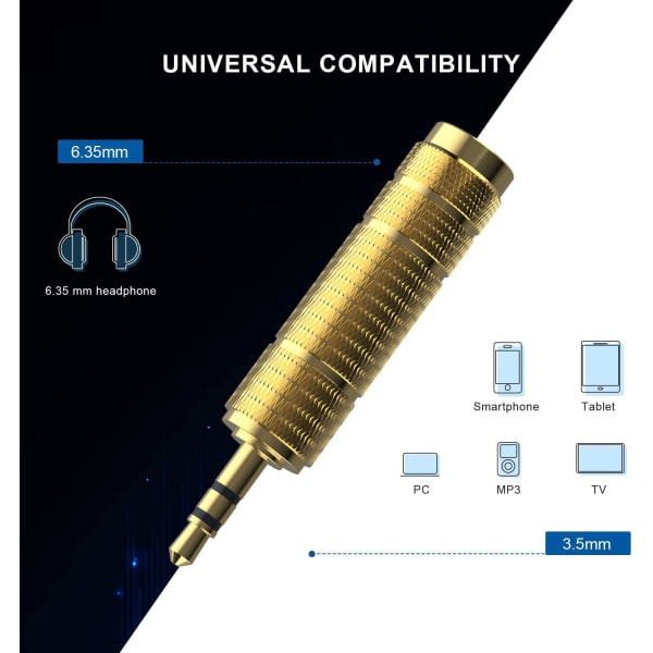 6,35 mm Jack til 3,5 mm Jack Aux Audio Adapter med Gullbelagte Kontakter for Hodetelefoner/Høyttalere/Gitar/Piano