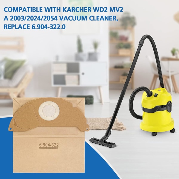 WD2 Papirfilterposer til Kärcher WD2 MV2 A 2003/2024/2054 Støvsuger, 10-pakning, erstatter WD2 poser 6.904-322.0