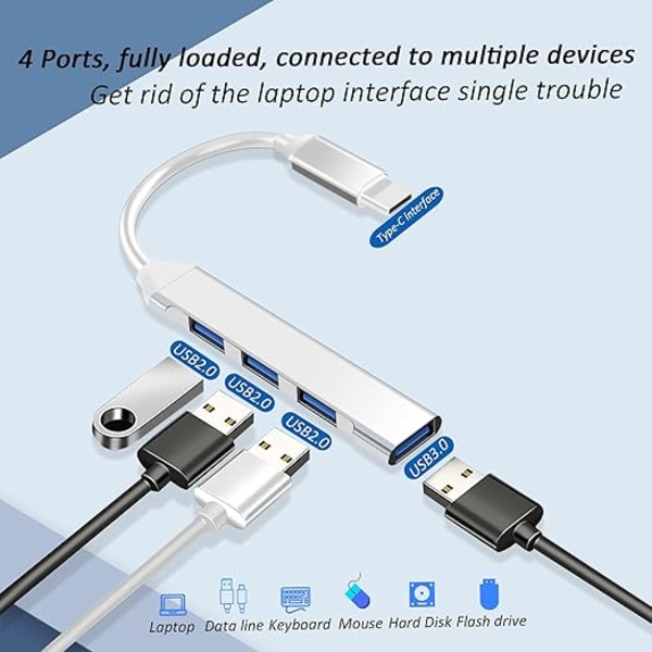 1 stycke Silver USB-hub, 4-i-1-hub, USB-fördelare, USB-minne
