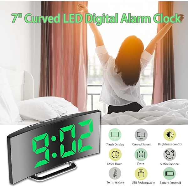 (Grön) Digital Väckarklocka för Sovrum, 7'' LED Spegelskärm, 2 Ljusstyrkor, 12/24H, Temperatur, Datum, Nattlampa