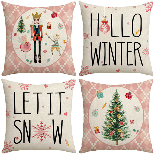 4-pack Jul Kuddfodral 45x45cm Rosa Julgran Fyrkantigt Örngott Soffa Kudde Skydd Heminredning