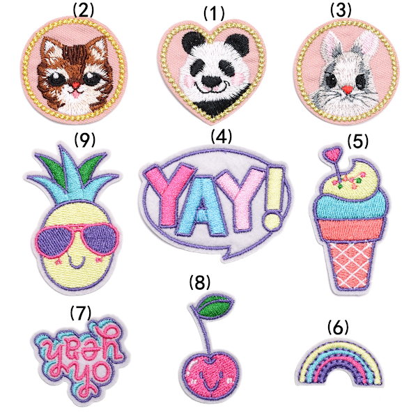 9 søde farverige badges strygemærker, broderet applikation