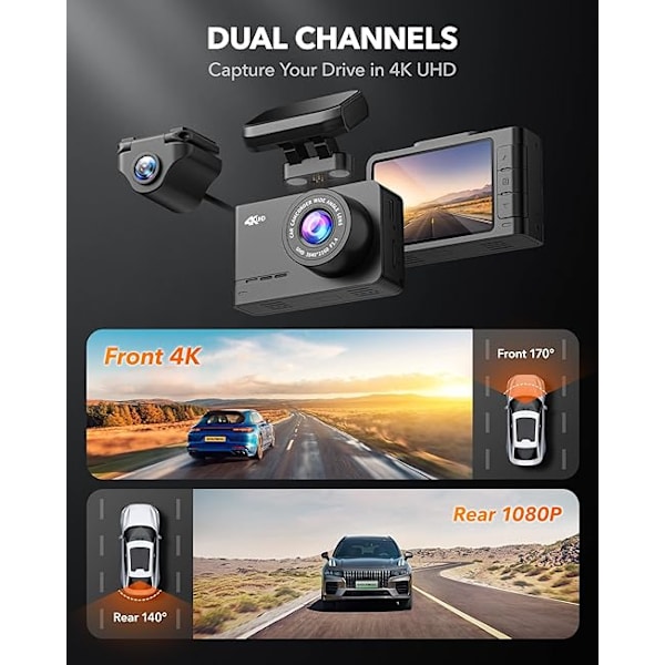 4K WiFi GPS Dash Camera för bil - HD 4k Dubbel Dashcam