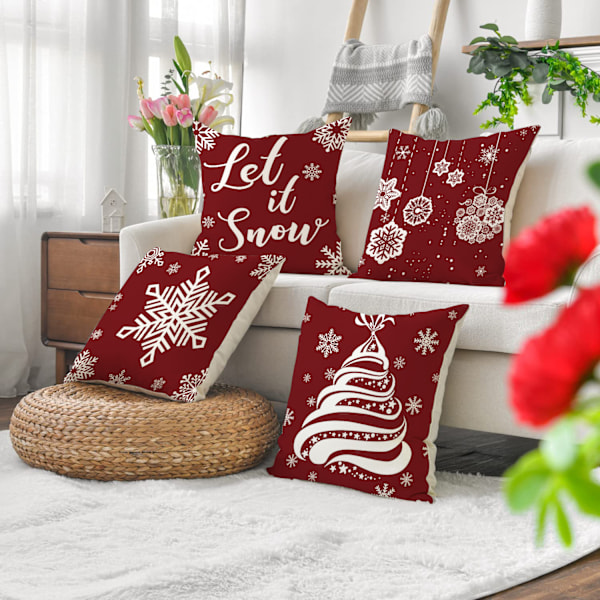 Set med 4 julkuddöverdrag, trädgårdsdekoration, God Jul bomullslinne kuddöverdrag, 45 x 45 cm